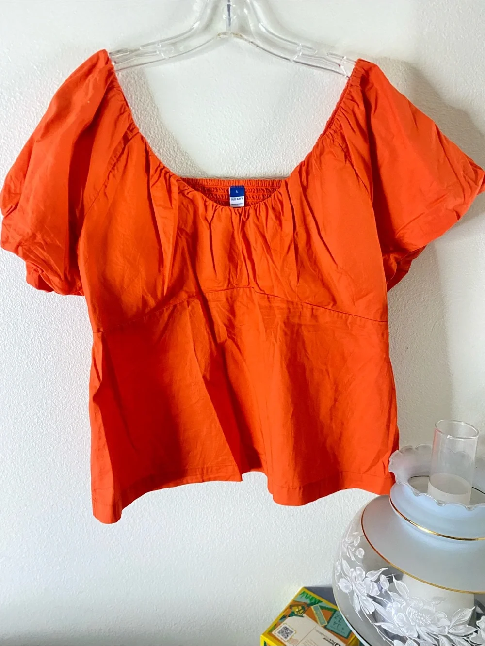 Old Navy Puff Sleeve Blouse Women’s Size L Orange Short-Sleeve Peasant Top Y2K